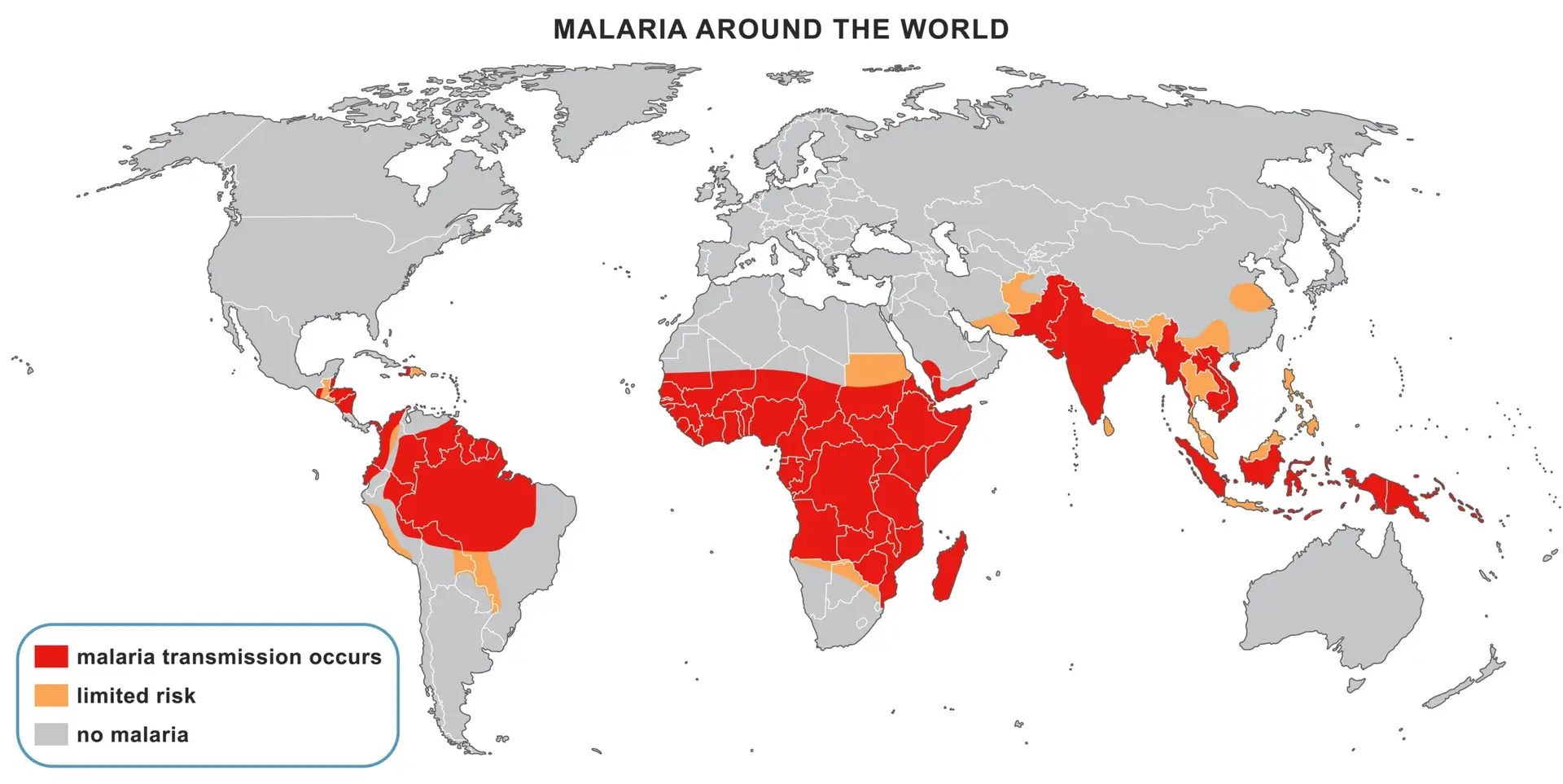 Global malaria risk levels map with color-coded regions.